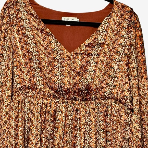 Molly Bracken Surplice Satin Metallic Rust Abstract Animal Print Babydoll Dress - Picture 3 of 14
